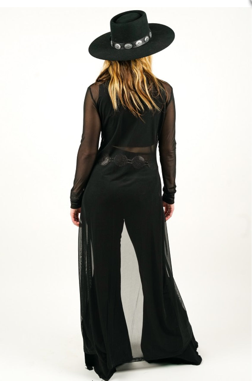 Black Mesh Button Down Maxi Duster