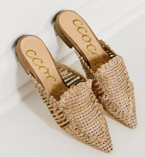Monaco Raffia Pointy Toe Flat Mules Poppy Gold Boutique