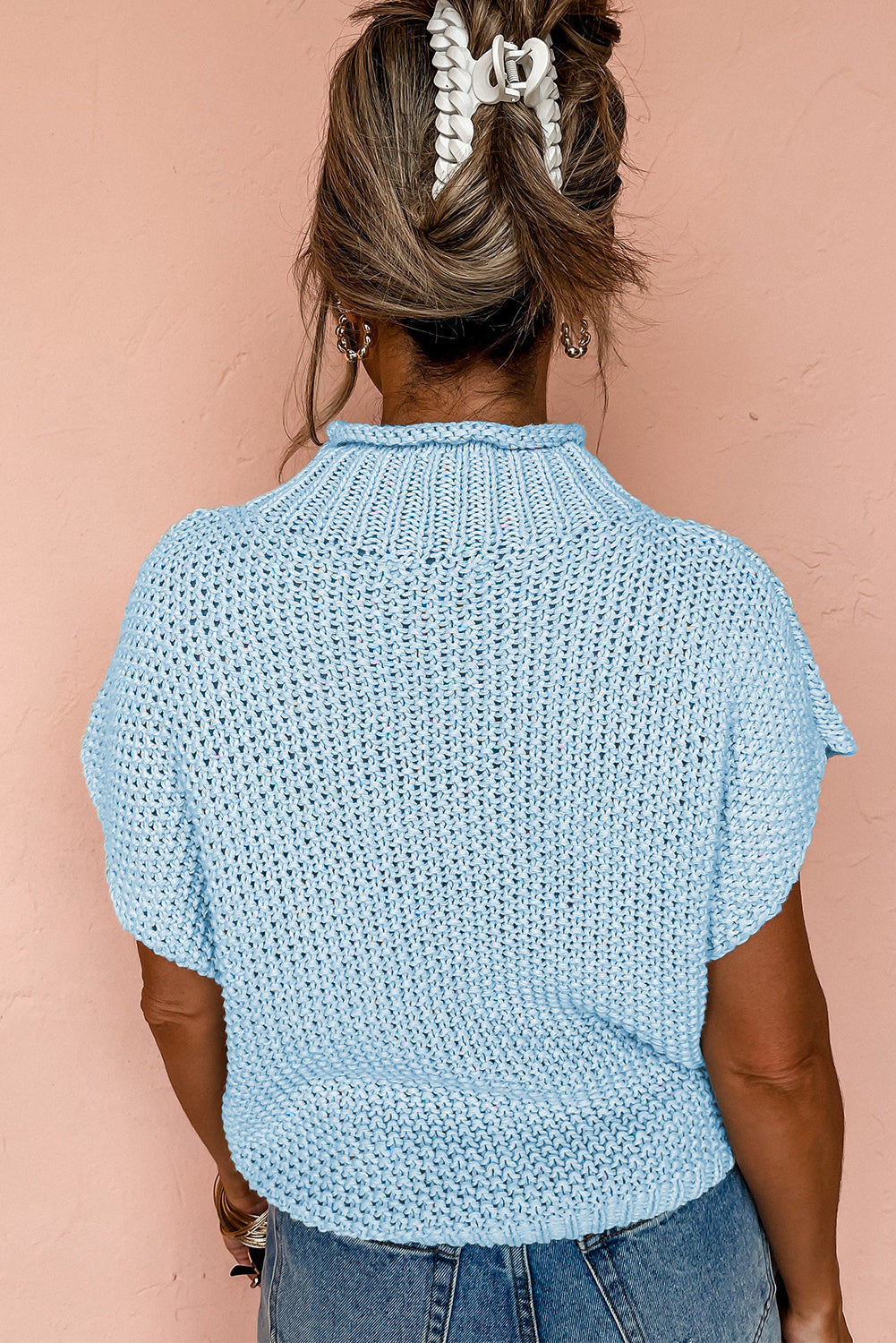 Soft Blue Mock Neck Knitted Dolman Top
