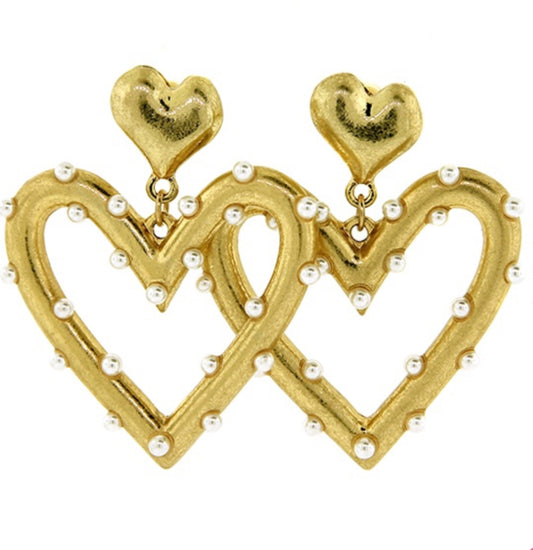 Pearl Accent Heart Gold Earrings