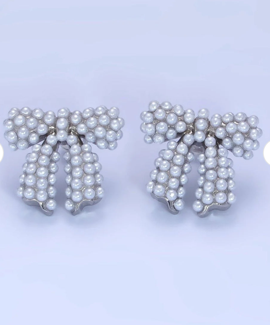 Pearl Ribbon Bow Stud Earrings