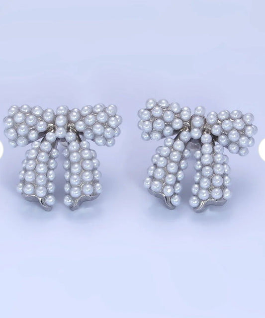 Pearl Ribbon Bow Stud Earrings