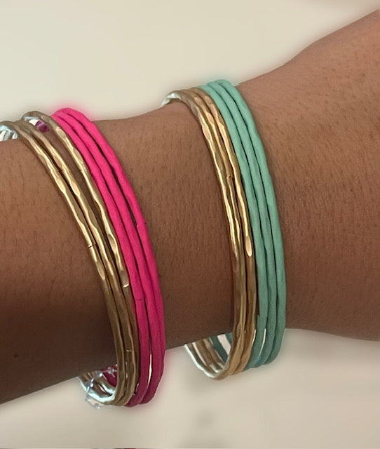 Brushed Gold and Teal Bangles