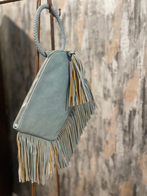 Denim Blue Fringe Wristlet